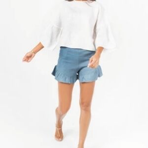 CLanhtrophy Blue 100% Linen High Waist‎ Ruffled Zip Shorts